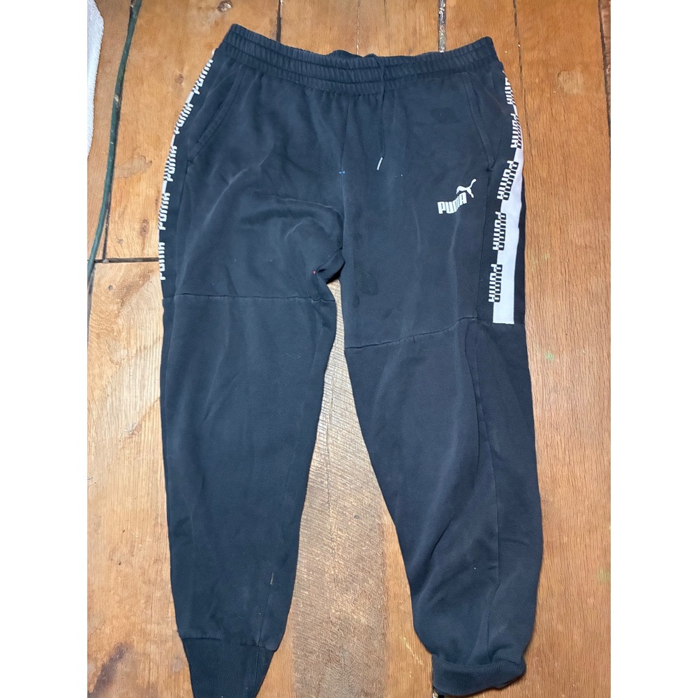 Puma Joggers Mens XL Black Good Fleece Lined Side Stripe Logo Sweatpants